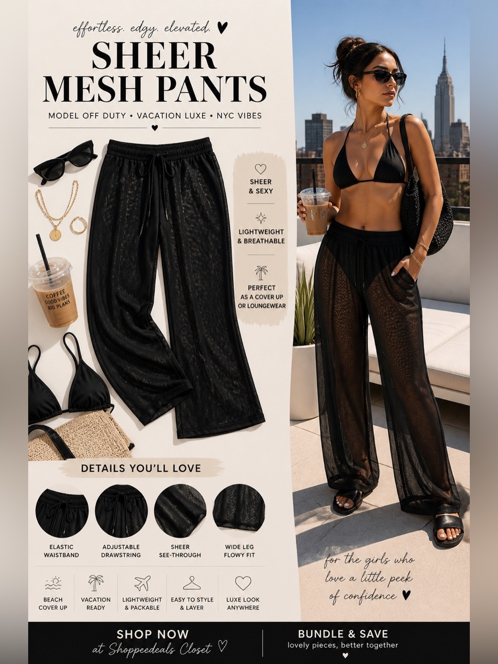 Black Sheer Mesh Wide Leg Pants Cover Up Lounge Drawstring